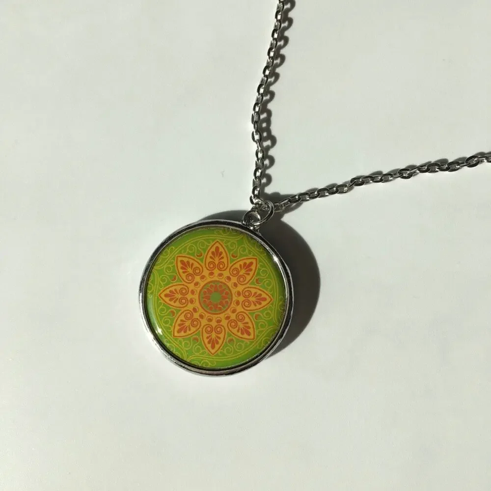 Reversible medallion pendant necklace - 2 in 1, black rainbow & green mandala